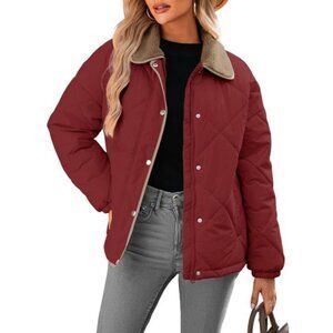 Women's Dark Red Puffer Jackets Coats Long Sleeve Winter Warm Button Outerwear